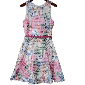 J.Taylor White Netted Floral A-line Belted Dress